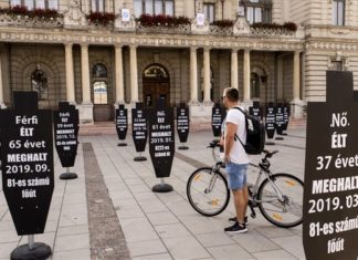 Unfallprävention – Schilder in Győr wecken die Aufmerksamkeit auf dem Rathausplatz
